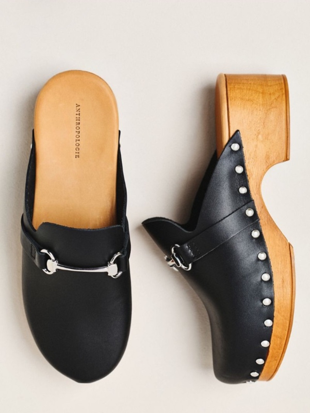 Black Leather Mule Clogs with Silver Bit Hardware